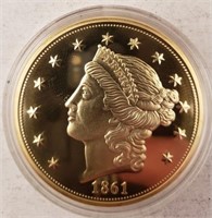 1861-O REPLICA 24K Gold Layered Twenty Dollar Coin