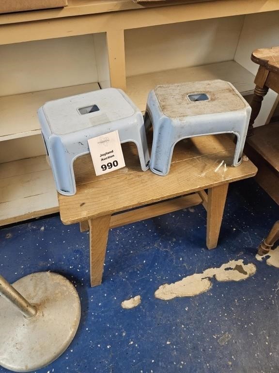 Wooden Bench and 2 Blue Step Stools