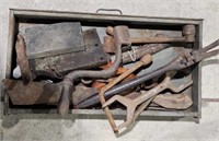 Box of antique tools, hand crank