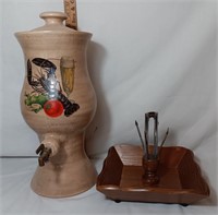 Stoneware Beverage Dispenser, Wood Nut Set