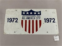 1972 JOHNSTOWN, PA ALL-AMERICA CITY LICENSE PLATE