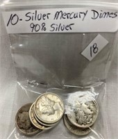 Lot 18-  Qty 10 Silver Mercury Dimes 90 % Silver