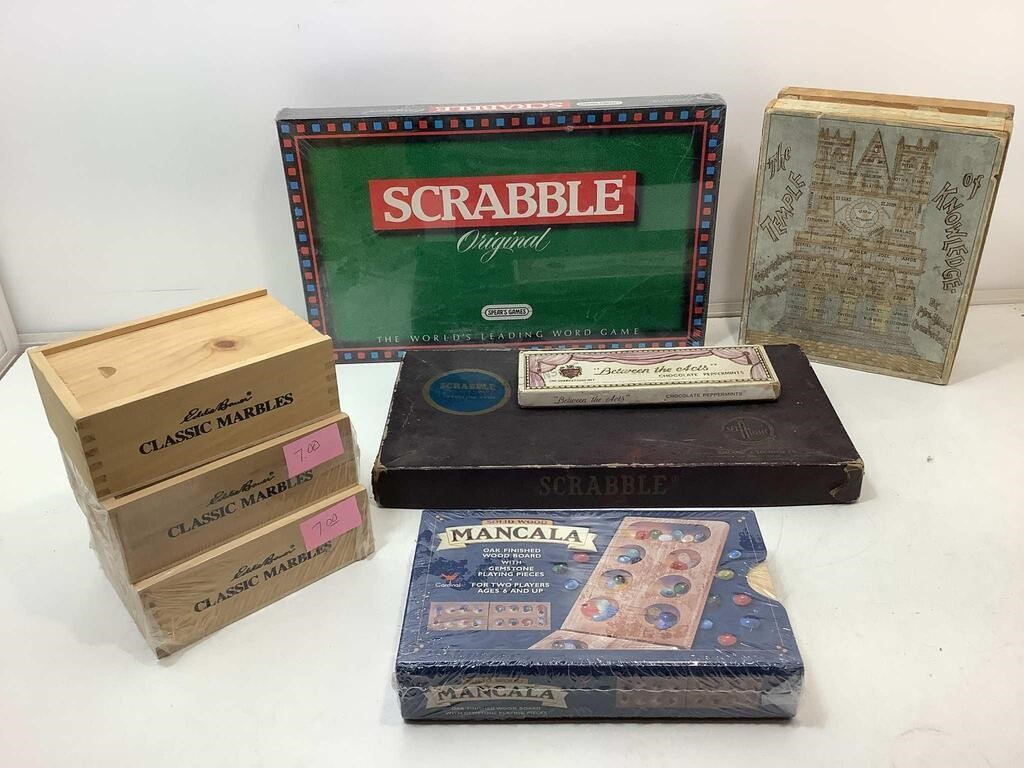 1 Sealed scrabble classic game, marble sets and