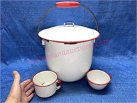 Red & white enamelware pot w/ lid & (2) cups