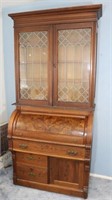 Burled Walnut Antique Roll Top Desk with Hutch Top