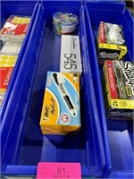 blue Fastenal bins filled with office supplies