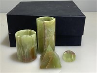 Carved onyx candle holders and more.