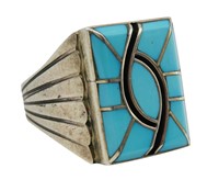 Signed Sterling Turquoise & Onyx Inlay Men's Ring