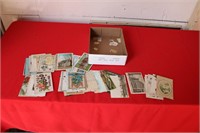 BOX OF POSTCARDS & STAMPS