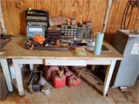 Metal Workbench, License Plate, Straps, & Gas Cans