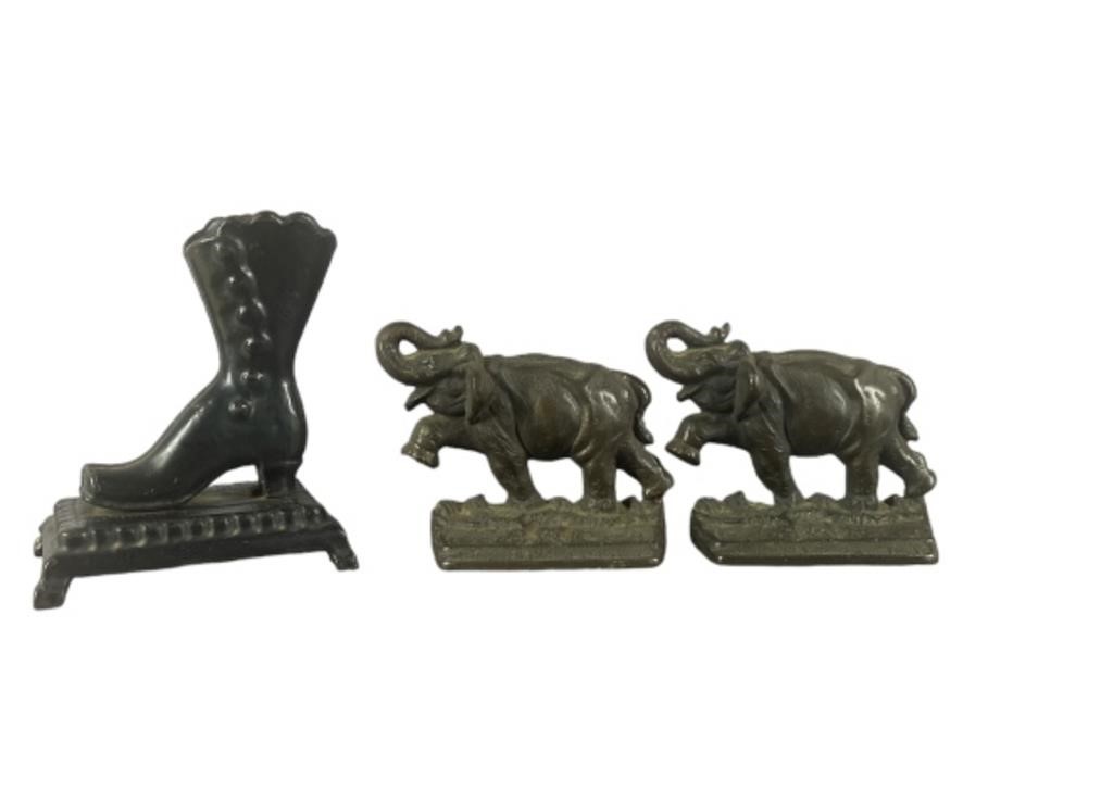 Antique Cast Iron Bookends & Match Holder