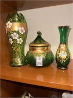 Green glass vases & candy dish
