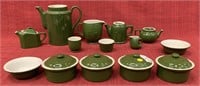 14 Pc Green and white Hall ware, tea pot, pitcher
