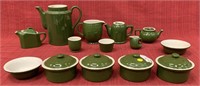 14 Pc Green and white Hall ware, tea pot, pitcher