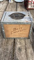 Vintage bait canteen, shoe shine box, lunch box