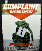 Metal Complaint Department sign