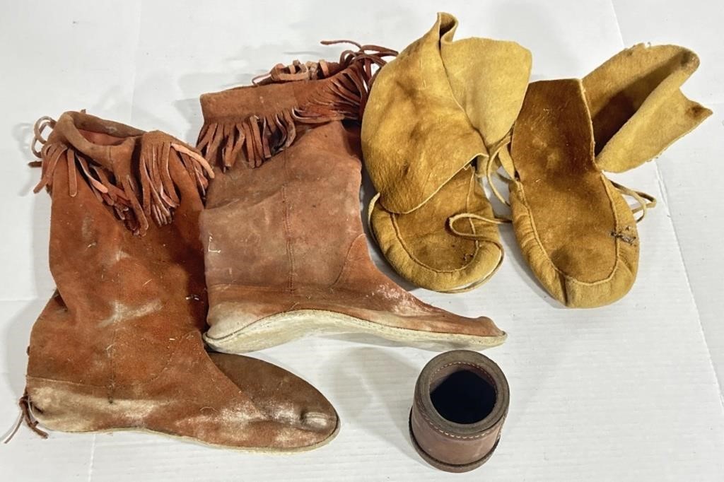 (E) Lot: Moccasin Boots, Felt Booties, & Leather