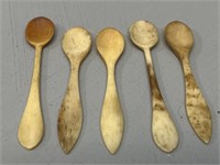5 Antique Bone Carved Salt Spoons