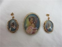 Victorian Lady broach & earrings marked 14K