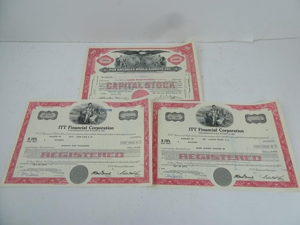 Lot of 3 Stock Certificates 1951-1975 Pan America