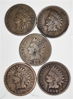 FIVE Pre 1900 Indian Head Cents