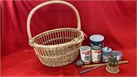 BASKET WITH BAKING POWDER  COFFEE CANS , MISC
