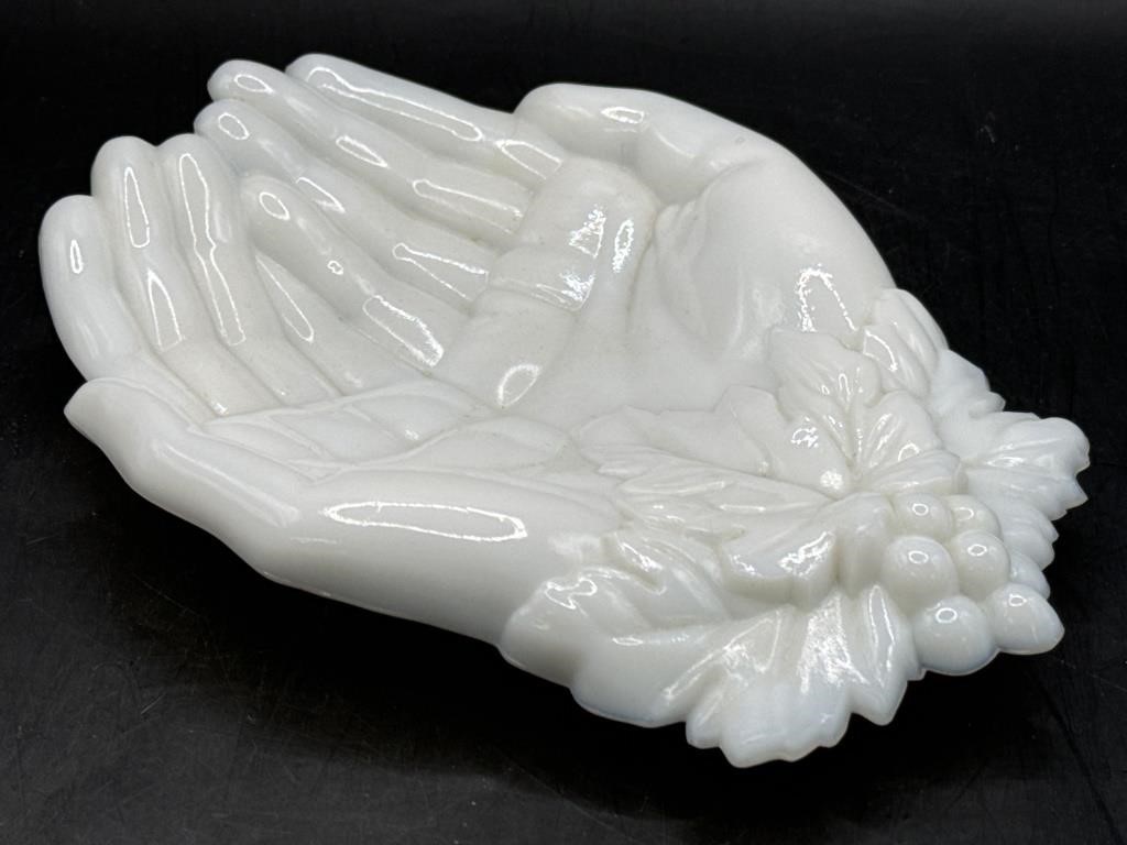 Westmoreland Milk Glass Double Hand Mint Dish  8”