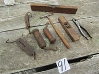 HANGING SCALES, PLIERS, WOOD PLANE, LEVEL, WIRE