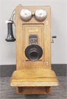 Antique oak wall phone - 21" tall