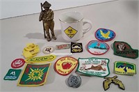 Scouts Mug, Brass Figure Coin Bank & Patches