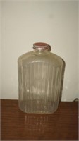 1920's Ribbed Glass Water Bottle w/ Faded Red Top