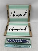 NEW Lot of 3- Wooden Trays & Sign