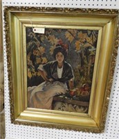 Antique framed oil on canvas of women in
