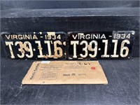 2 1934 VIRGINIA NEVER USED LICENSE PLATES