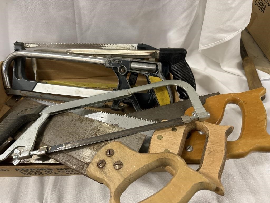 Boxed lot of saws. 7 different vintage ones in