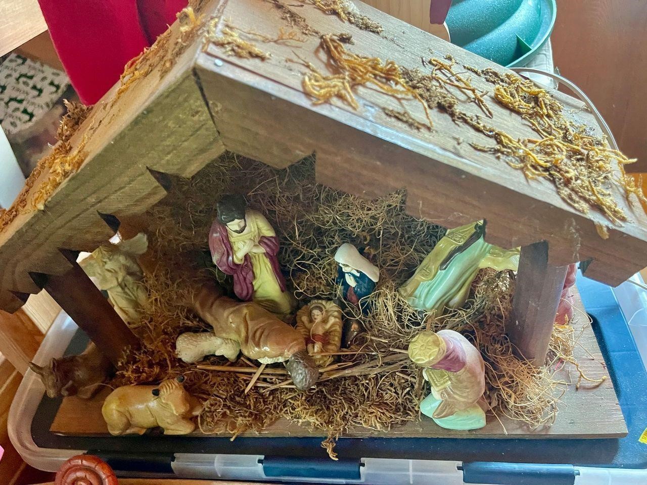 Christmas items and Nativity in boxes