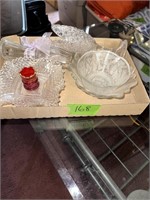 glass vase, bowls, toothpick holder