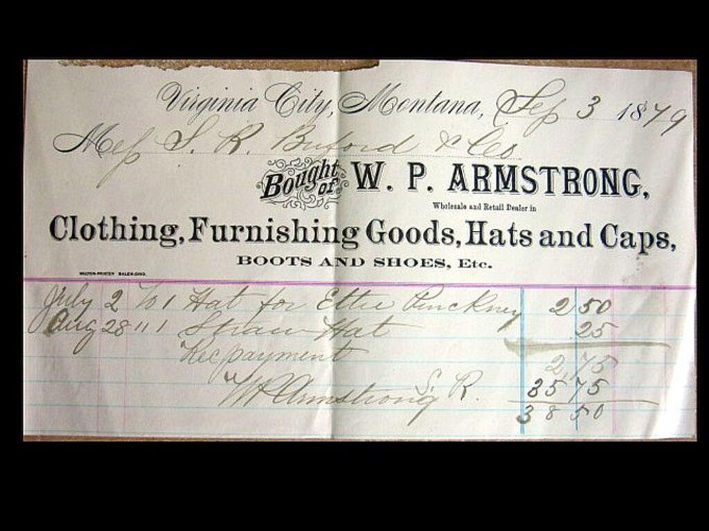 1879 W.P. ARMSTRONG, VIRGINIA CITY, MONT. RECEIPT