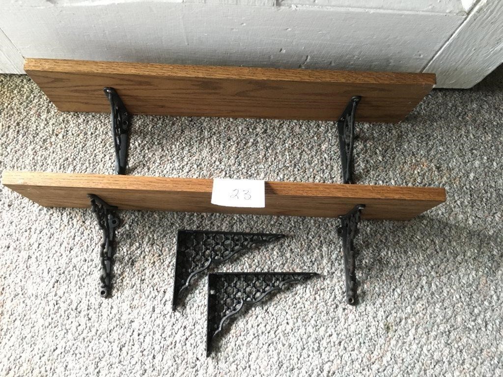 2 Oak wall shelves w/ cast iron brackets