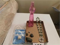 Unusual rocks - pink cat bottle - beaded necklace