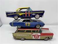 3 Tin Lithographed Friction Toy Cars Approx. 9"L