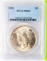 Coin 1923 Peace Silver Dollar PCGS MS63