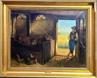 Farmer in Barn with Cattle Oil on Canvas Painting