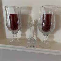 Pair of glass candle holders and glass Cross.
