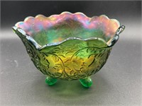 Carnival Glass Iridescent Green Vines Footed Bowl