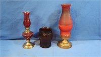 Cranberry Glass & Brass Oil Lamp, Amber Glass