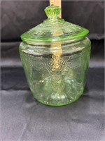 Green depression glass cracker jar with lid