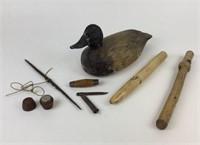 Duck Decoy, Wood Gig, Treen Grater, Fishing Knife