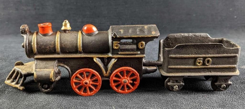 Vintage Cast Iron Steam Engine And Coal Car Train