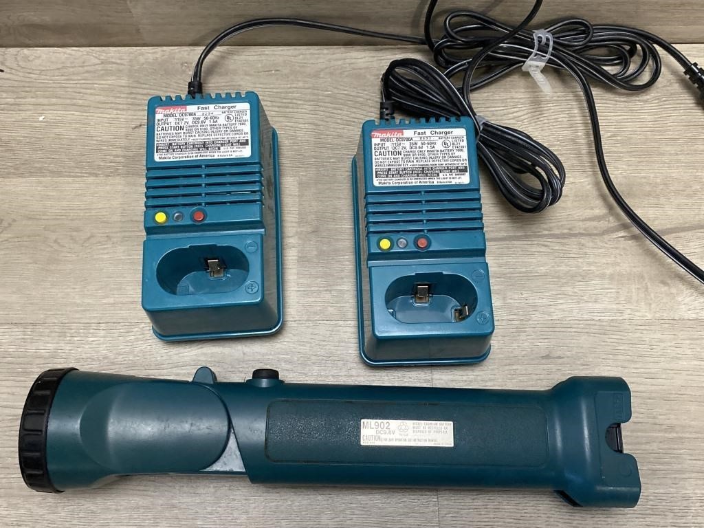 (2) Makita Fast Chargers & Flashlite 9.6V